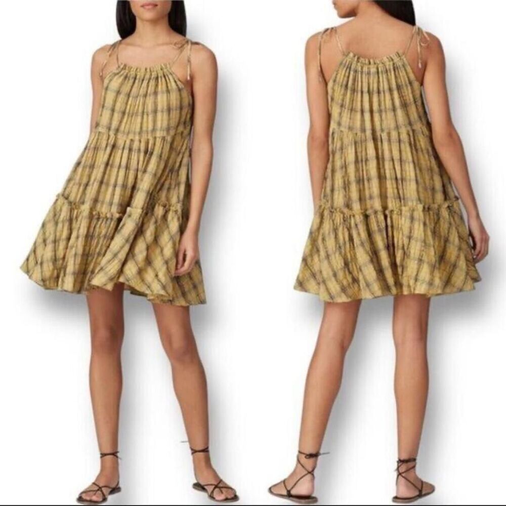 Moon River Mustard Plaid Tiered Mini Dress 90s Grunge Cottagecore Size L